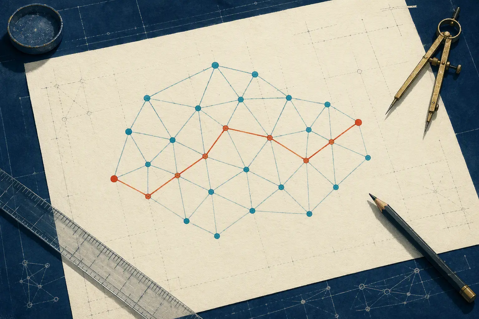 An overhead drafting sheet with blue graph nodes, a red route, ruler, compass, and pencil.